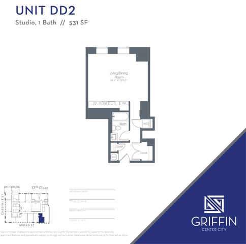 Floor plan for studio, 1 bath, 531 sqft